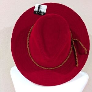 Kensie NWT Red corduroy Fedora ,3"Brim ,leather band .